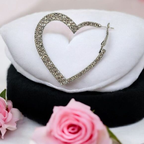 Silver Rhinestone Heart Hoop Earrings Studded Pierced Women's Jewelry Leverback - Picture 2 of 9
